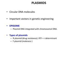 PLASMIDS
• Circular DNA molecules
• Important vectors in genetic engineering
• EPISOME
– Plasmid DNA integrated with chromosomal DNA.
• Types of plasmids
– R plasmid (drug resistance): RTF + r determinant
– F plasmid (maleness )
 
