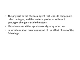• The physical or the chemical agent that leads to mutation is
called mutagen, and the bacteria produced with such
genotypic change are called mutants.
• Mutation occur either spontaneously or by induction.
• Induced mutation occur as a result of the effect of one of the
followings:
 