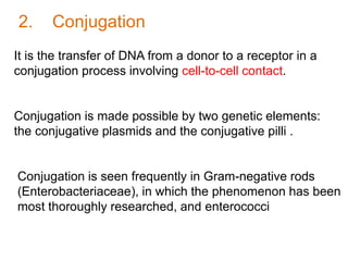 2. Conjugation
It is the transfer of DNA from a donor to a receptor in a
conjugation process involving cell-to-cell contact.
Conjugation is made possible by two genetic elements:
the conjugative plasmids and the conjugative pilli .
Conjugation is seen frequently in Gram-negative rods
(Enterobacteriaceae), in which the phenomenon has been
most thoroughly researched, and enterococci
 
