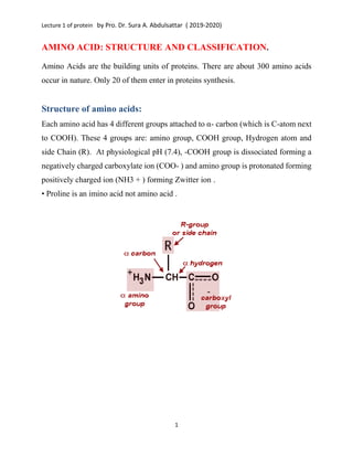 Lecture 1 of protein by Pro. Dr. Sura A. Abdulsattar ( 2019-2020)
1
AMINO ACID: STRUCTURE AND CLASSIFICATION.
Amino Acids are the building units of proteins. There are about 300 amino acids
occur in nature. Only 20 of them enter in proteins synthesis.
Structure of amino acids:
Each amino acid has 4 different groups attached to α- carbon (which is C-atom next
to COOH). These 4 groups are: amino group, COOH group, Hydrogen atom and
side Chain (R). At physiological pH (7.4), -COOH group is dissociated forming a
negatively charged carboxylate ion (COO- ) and amino group is protonated forming
positively charged ion (NH3 + ) forming Zwitter ion .
• Proline is an imino acid not amino acid .
 
