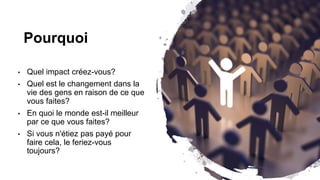 Pourquoi
• Quel impact créez-vous?
• Quel est le changement dans la
vie des gens en raison de ce que
vous faites?
• En quoi le monde est-il meilleur
par ce que vous faites?
• Si vous n'étiez pas payé pour
faire cela, le feriez-vous
toujours?
 
