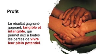 Profit
Le résultat gagnant-
gagnant, tangible et
intangible, qui
permet aux à toutes
les parties de vivre
leur plein potentiel.
 