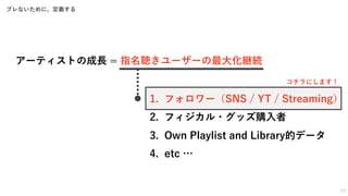 23
アーティストの成⻑ = 指名聴きユーザーの最⼤化継続
ブレないために、定義する
1. フォロワー（SNS / YT / Streaming）
2. フィジカル・グッズ購⼊者
3. Own Playlist and Library的データ
...