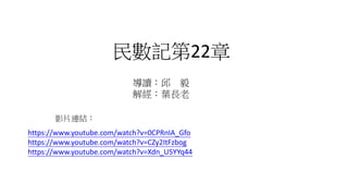 民數記第22章
影片連結：
導讀：邱 毅
解經：葉長老
https://www.youtube.com/watch?v=0CPRnIA_Gfo
https://www.youtube.com/watch?v=CZy2ItFzbog
https://www.youtube.com/watch?v=Xdn_U5YYq44
 