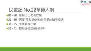 民數記 No.22章節大綱
01~20 摩押王巴勒召巴蘭
21~30 天使(耶和華使者)與巴蘭的驢子相遇
31~35 天使責備巴蘭
36~41 巴勒迎接巴蘭的到來
 