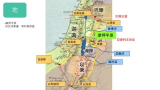 以
東
摩押
亞
捫
巴珊
加低斯
以旬迦別 以拉他
撒烈溪
亞嫩河
雅博河
雅雜
以得來
摩押平原
亞摩利王西宏
巴珊王噩
亞斯他錄
迦
南
耶利哥
地
•摩押平原 :
約旦河東邊，耶利哥對面
 