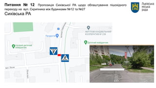 Питання № 12 Пропозиція Сихівської РА щодо облаштування пішохідного
переходу на вул. Скрипника між будинками №12 та №27
Сихівська РА
 