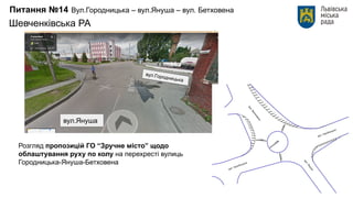 Питання №14 Вул.Городницька – вул.Януша – вул. Бетховена
вул.Януша
вул.Городницька
Розгляд пропозицій ГО “Зручне місто” щодо
облаштування руху по колу на перехресті вулиць
Городницька-Януша-Бетховена
Шевченківська РА
 