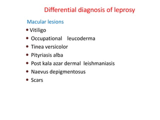 Differential diagnosis of leprosy
Macular lesions
 Vitiligo
 Occupational leucoderma
 Tinea versicolor
 Pityriasis alba
 Post kala azar dermal leishmaniasis
 Naevus depigmentosus
 Scars
 