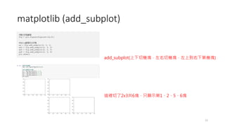 matplotlib (add_subplot)
12
add_subplot(上下切幾塊，左右切幾塊，左上到右下第幾塊)
這裡切了2x3共6塊，只顯示第1、2、5、6塊
 