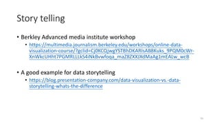 Story telling
• Berkley Advanced media institute workshop
• https://multimedia.journalism.berkeley.edu/workshops/online-data-
visualization-course/?gclid=Cj0KCQjwgYSTBhDKARIsAB8Kuks_9PQM0cWr-
XnWkcUHht7PGMRLLLkS4iNkBvwfoqa_maZ8ZXXJXdMaAg1mEALw_wcB
• A good example for data storytelling
• https://blog.presentation-company.com/data-visualization-vs.-data-
storytelling-whats-the-difference
55
 