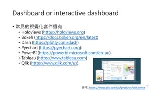 Dashboard or interactive dashboard
• 常見的視覺化套件還有
• Holoviews (https://holoviews.org)
• Bokeh (https://docs.bokeh.org/en/latest)
• Dash (https://plotly.com/dash)
• Pyechart (https://pyecharts.org)
• PowerBI (https://powerbi.microsoft.com/en-au)
• Tableau (https://www.tableau.com)
• Qlik (https://www.qlik.com/us)
56
參考: https://www.qlik.com/us/products/qlik-sense
 