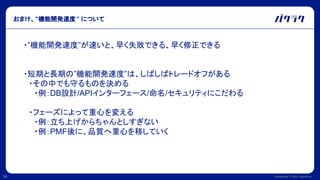 Confidential © 2022 LayerX Inc.
18
おまけ、”機能開発速度” について
・”機能開発速度”が速いと、早く失敗できる、早く修正できる
・短期と長期の”機能開発速度”は、しばしばトレードオフがある
　・その中でも守るものを決める
　　・例：DB設計/APIインターフェース/命名/セキュリティにこだわる
　・フェーズによって重心を変える
　　・例：立ち上げからちゃんとしすぎない
　　・例：PMF後に、品質へ重心を移していく
 