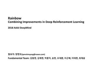 발표자: 양현모(ipmnhmyang@naver.com)
Fundamental Team: 김동현, 김채현, 박종익, 송헌, 오대환, 이근배, 이대현, 최재윤
Rainbow
Combining Improvements in Deep Reinforcement Learning
2018 AAAI DeepMind
 