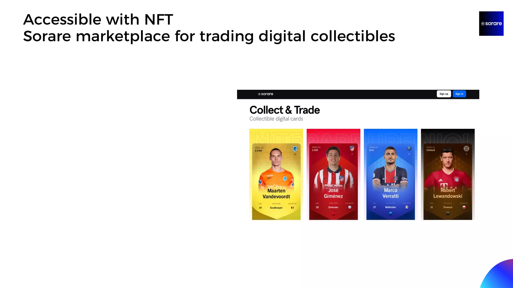 Accessible with NFT
Sorare marketplace for trading digital collectibles
 