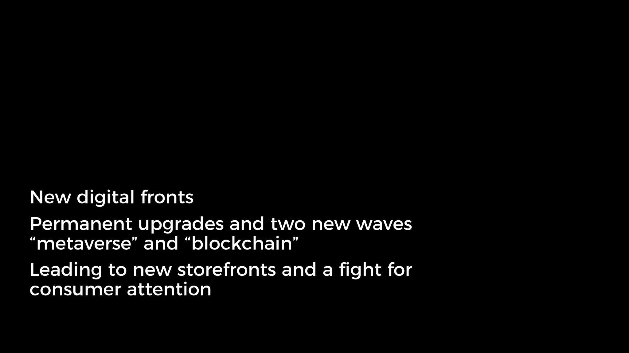 New digital fronts
Permanent upgrades and two new waves
“metaverse” and “blockchain”
Leading to new storefronts and a fight for
consumer attention
 