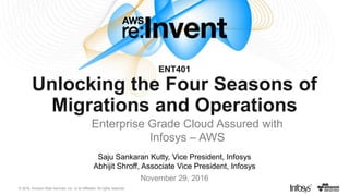 © 2016, Amazon Web Services, Inc. or its Affiliates. All rights reserved.
November 29, 2016
ENT401
Unlocking the Four Seasons of
Migrations and Operations
Saju Sankaran Kutty, Vice President, Infosys
Abhijit Shroff, Associate Vice President, Infosys
Enterprise Grade Cloud Assured with
Infosys – AWS
 