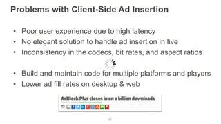 22
Problems with Client-Side Ad Insertion
• Poor user experience due to high latency
• No elegant solution to handle ad in...