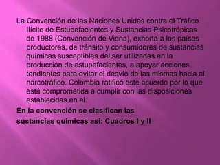 La Convención de las Naciones Unidas contra el Tráfico
   Ilícito de Estupefacientes y Sustancias Psicotrópicas
   de 1988 (Convención de Viena), exhorta a los países
   productores, de tránsito y consumidores de sustancias
   químicas susceptibles del ser utilizadas en la
   producción de estupefacientes, a apoyar acciones
   tendientes para evitar el desvío de las mismas hacia el
   narcotráfico. Colombia ratificó este acuerdo por lo que
   está comprometida a cumplir con las disposiciones
   establecidas en el.
En la convención se clasifican las
sustancias químicas así: Cuadros I y II
 
