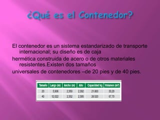 El contenedor es un sistema estandarizado de transporte
   internacional; su diseño es de caja
hermética construida de acero o de otros materiales
   resistentes.Existen dos tamaños
universales de contenedores –de 20 pies y de 40 pies.
 