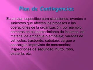 Es un plan específico para situaciones, eventos o
  siniestros que afecten los procesos o las
  operaciones de la organización, por ejemplo,
  demoras en el abastecimiento de insumos, de
  material de empaque o embalaje; varadas de
  vehículos; trasbordo, cabotaje, cargue o
  descargue imprevisto de mercancías;
  inspecciones de seguridad; hurto, robo,
  piratería, etc.
 