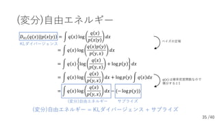 35 /40
(変分)⾃由エネルギー
ベイズの定理
(変分)⾃由エネルギー サプライズ
KLダイバージェンス
(変分)⾃由エネルギー = KLダイバージェンス + サプライズ
#(%) は確率密度関数なので
積分すると1
!'((#($)||'...
