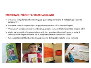 PARTECIPARE, PERCHE’? IL VALORE AGGIUNTO
 Sviluppare competenze di bambini/ragazzi grazie alla promozione di metodologie e attività
partecipative
 Sviluppare senso di responsabilità e appartenenza alla scuola di bambini/ragazzi
 “Potenziare” (empowerment) i bambini/ragazzi come individui titolari di diritti e cittadini attivi
 Migliorare la qualità e l’impatto delle attività che riguardano i bambini/ragazzi, tramite il
coinvolgimento degli stessi nelle fasi di progettazione/attuazione/valutazione
 Aumentare la visibilità di bambini/ragazzi e quella delle problematiche a loro collegate
 