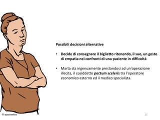 24/03/2016 12
Possibili decisioni alternative
• Decide di consegnare il biglietto ritenendo, il suo, un gesto
di empatìa nei confronti di una paziente in difficoltà
• Marta sta ingenuamente prestandosi ad un'operazione
illecita, il cosiddetto pactum sceleris tra l'operatore
economico esterno ed il medico specialista.
 