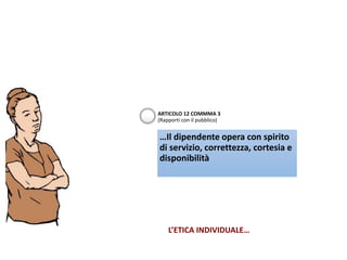 …Il dipendente opera con spirito
di servizio, correttezza, cortesia e
disponibilità
ARTICOLO 12 COMMMA 3
(Rapporti con il pubblico)
L’ETICA INDIVIDUALE…
 