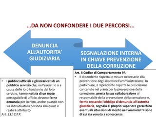 DENUNCIA
ALL’AUTORITA’
GIUDIZIARIA
SEGNALAZIONE INTERNA
IN CHIAVE PREVENZIONE
DELLA CORRUZIONE
• I pubblici ufficiali e gli incaricati di un
pubblico servizio che, nell'esercizio o a
causa delle loro funzioni o del loro
servizio, hanno notizia di un reato
perseguibile di ufficio, devono farne
denuncia per iscritto, anche quando non
sia individuata la persona alla quale il
reato è attribuito
Art. 331 C.P.P.
…DA NON CONFONDERE I DUE PERCORSI...
Art. 8 Codice di Comportamento PA
• Il dipendente rispetta le misure necessarie alla
prevenzione degli illeciti nell'amministrazione. In
particolare, il dipendente rispetta le prescrizioni
contenute nel piano per la prevenzione della
corruzione, presta la sua collaborazione al
responsabile della prevenzione della corruzione e,
fermo restando l'obbligo di denuncia all'autorità
giudiziaria, segnala al proprio superiore gerarchico
eventuali situazioni di illecito nell'amministrazione
di cui sia venuto a conoscenza.
 