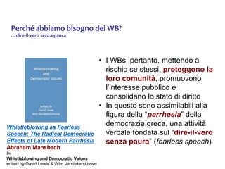 Perché abbiamo bisogno dei WB?
…dire-il-vero senza paura
• I WBs, pertanto, mettendo a
rischio se stessi, proteggono la
loro comunità, promuovono
l’interesse pubblico e
consolidano lo stato di diritto
• In questo sono assimilabili alla
figura della “parrhesia” della
democrazia greca, una attività
verbale fondata sul “dire-il-vero
senza paura” (fearless speech)
Whistleblowing as Fearless
Speech: The Radical Democratic
Effects of Late Modern Parrhesia
Abraham Mansbach
In
Whistleblowing and Democratic Values
edited by David Lewis & Wim Vandekerckhove
 