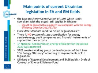 Main points of current Ukrainian
legislation in EA and EM fields
• the Law on Energy Conservation of 1994 which is not
compliant with the acquis, still applies in Ukraine
– should be replaced by a modern law compliant with the Energy
Efficiency Directive 2012/27/EU
• Only State Standards and Executive Regulations left
• There is NO system of state accreditation for energy
service/energy audit companies and financial instruments of
support for their activity
• 1st National Action Plan on energy efficiency for the period
2020 was approved
• SAEE creates working group on development of draft Law
“On Energy Efficiency” according to requirements of EU
legislation
• Ministry of Regional Development and SAEE publish Draft of
Concept of Energy Efficiency Fund
 