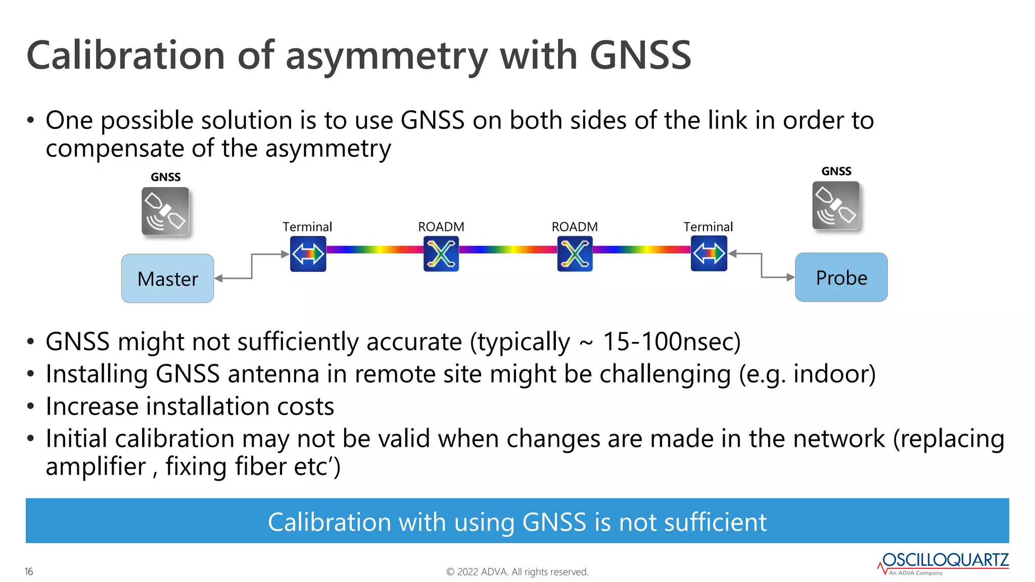 © 2022 ADVA. All rights reserved.
16
Calibration of asymmetry with GNSS
Calibration with using GNSS is not sufficient
• One possible solution is to use GNSS on both sides of the link in order to
compensate of the asymmetry
• GNSS might not sufficiently accurate (typically ~ 15-100nsec)
• Installing GNSS antenna in remote site might be challenging (e.g. indoor)
• Increase installation costs
• Initial calibration may not be valid when changes are made in the network (replacing
amplifier , fixing fiber etc’)
Terminal Terminal
ROADM ROADM
GNSS
Master Probe
GNSS
 