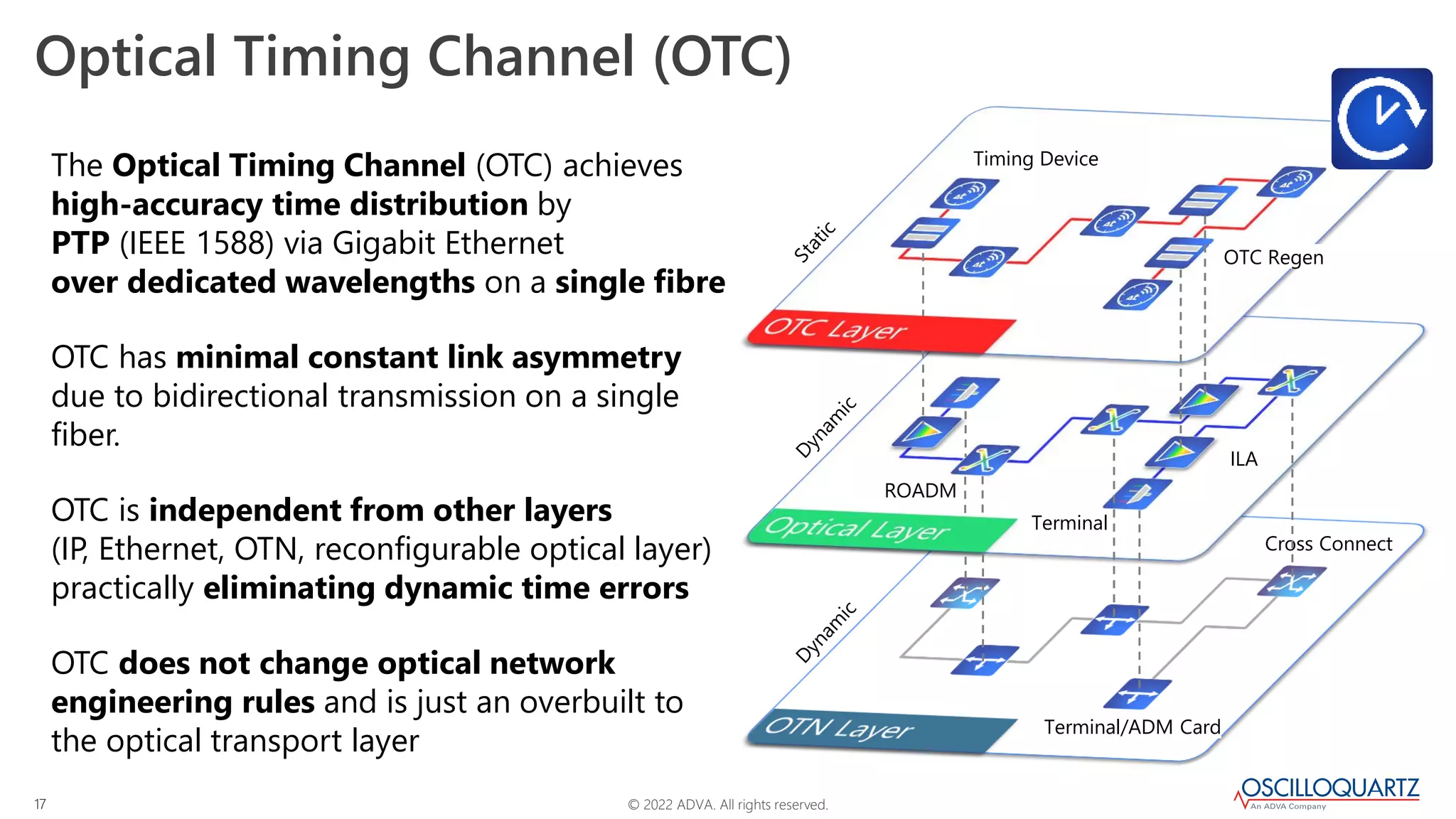© 2022 ADVA. All rights reserved.
17
Timing Device
OTC Regen
ILA
ROADM
Terminal
Cross Connect
Terminal/ADM Card
Optical Timing Channel (OTC)
The Optical Timing Channel (OTC) achieves
high-accuracy time distribution by
PTP (IEEE 1588) via Gigabit Ethernet
over dedicated wavelengths on a single fibre
OTC has minimal constant link asymmetry
due to bidirectional transmission on a single
fiber.
OTC is independent from other layers
(IP, Ethernet, OTN, reconfigurable optical layer)
practically eliminating dynamic time errors
OTC does not change optical network
engineering rules and is just an overbuilt to
the optical transport layer
 