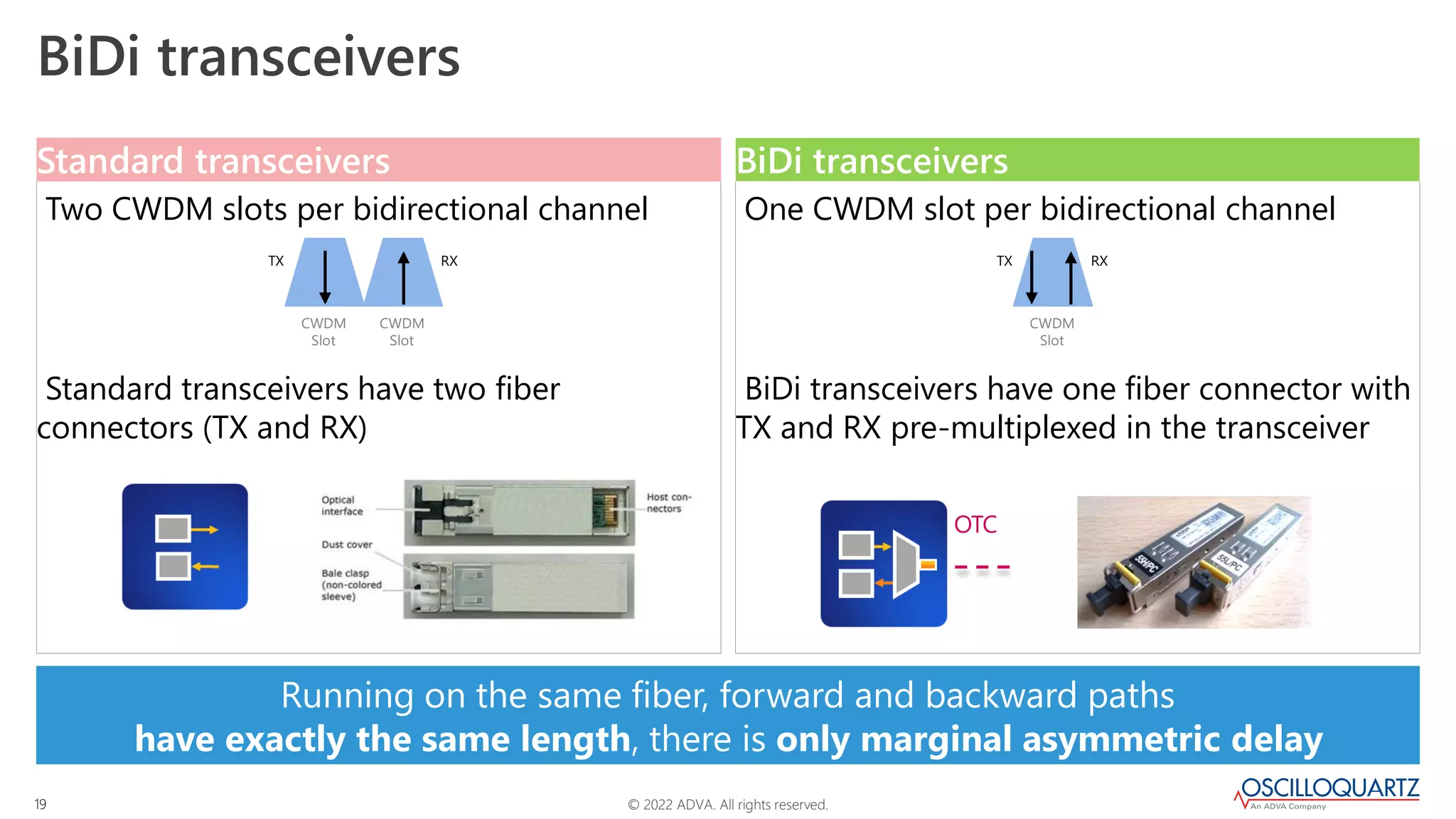 © 2022 ADVA. All rights reserved.
19
Two CWDM slots per bidirectional channel
Standard transceivers have two fiber
connectors (TX and RX)
One CWDM slot per bidirectional channel
BiDi transceivers have one fiber connector with
TX and RX pre-multiplexed in the transceiver
BiDi transceivers
Standard transceivers
Running on the same fiber, forward and backward paths
have exactly the same length, there is only marginal asymmetric delay
BiDi transceivers
CWDM
Slot
TX
CWDM
Slot
RX
CWDM
Slot
TX RX
OTC
 