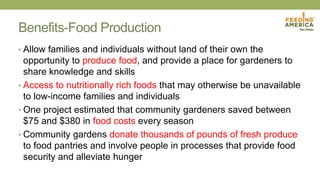 Benefits-Food Production
• Allow families and individuals without land of their own the
opportunity to produce food, and provide a place for gardeners to
share knowledge and skills
• Access to nutritionally rich foods that may otherwise be unavailable
to low-income families and individuals
• One project estimated that community gardeners saved between
$75 and $380 in food costs every season
• Community gardens donate thousands of pounds of fresh produce
to food pantries and involve people in processes that provide food
security and alleviate hunger
 