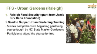 IFFS - Urban Gardens (Raleigh)
1. Raleigh Food Security (grant from Jamie
Kirk Hahn Foundation)
2.Seed to Supper Urban Gardening Training
• 5-week comprehensive beginning gardening
course taught by NC State Master Gardeners
• Participants attend the course for free
 