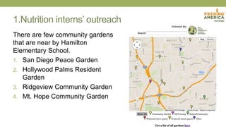 1.Nutrition interns’ outreach
There are few community gardens
that are near by Hamilton
Elementary School.
1. San Diego Peace Garden
2. Hollywood Palms Resident
Garden
3. Ridgeview Community Garden
4. Mt. Hope Community Garden
 