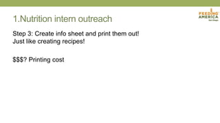 1.Nutrition intern outreach
Step 3: Create info sheet and print them out!
Just like creating recipes!
$$$? Printing cost
 