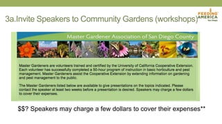 3a.Invite Speakers to Community Gardens (workshops)
$$? Speakers may charge a few dollars to cover their expenses**
 