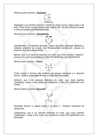 Décimo quarto caminho - Dagdagiel
Dagdagiel é um demônio feminino, mestra de magia sexual, magia negra e de
amor. Pode iniciar o prazer nestas artes, quando ele / ela está disposto a pagar
o preço de sangue que Dagdagiel exige.
Décimo quinto caminho - Hemethterith.
Hemethterith é um demônio feminino, mestra das artes astrologia Qlifóticas e
métodos proibidos na criação dos filhos/espíritos demoníacos, através do
exercício da magia sexual bestial.
Bariron, que é um demonio kliphotico do norte ,cujo nome significa "rebanho",
ocupa e tem como sua residência a trilha XV partilhando com Hemethterith.
Décimo sexto caminho – Uriens
Uriens possui o domínio dos mistérios do sangue menstrual e a alquímia
escura , tendo a capacidade de fazer o mago forte fisicamente.
Admiron, que é um demonio kliphotico do norte ,cujo nome significa
"sangrento", ocupa e tem como sua residência a trilha XVI partilhando com
Uriens.
Décimo sétimo caminho- Zamradiel
Zamradiel domina a viagem astral e as artes e mistérios esotéricos do
vampirismo.
Tzelladimiron, que é um demonio kliphotico do norte ,cujo nome significa
"modificador", ocupa e tem como sua residência a trilha XVII partilhando com
Zamradiel.
 
