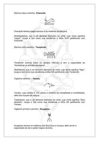 Décimo oitavo caminho- Characith.
Characith domina magia assídua e os mistérios da feitiçaria.
Shechechiriron, que é um demonio kliphotico do norte ,cujo nome significa
"negro", ocupa e tem como sua residência a trilha XVIII partilhando com
Characith.
Décimo nono caminho - Temphioth.
Temphioth domina todos os desejos infernais e tem a capacidade de
"domesticar os animais selvagens".
Shelhabiron, que é um demonio kliphotico do norte ,cujo nome significa "fogo",
ocupa e tem como sua residência a trilha XIX partilhando com Temphioth.
Vigésimo caminho – Yamatu
Yamatu, cujo número é 131, possui o domínio da imortalidade e invisíbilidade,
além dos truques de mágica.
Tzephariron, que é um demonio kliphotico do norte ,cujo nome significa "Zero
absoluto", ocupa e tem como sua residência a trilha XX partilhando com
Yamatu.
Vigésimo primeiro caminho - Kurgasiax.
Kurgasiax domina os mistérios dos Succubus e Incubus, além de ter a
capacidade de dar o poder mágico da terra.
 