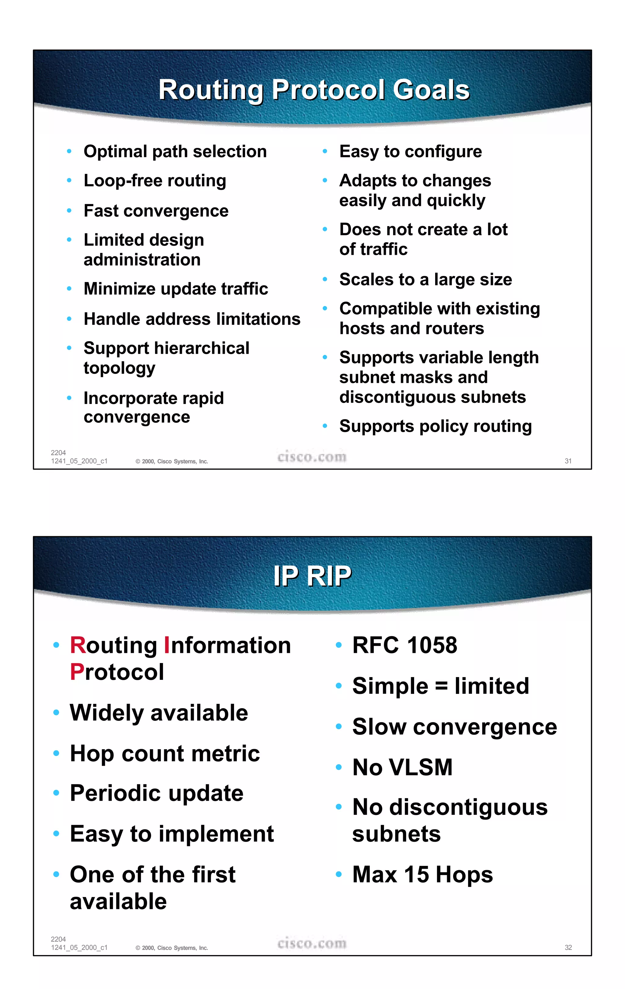 Routing Protocol Goals

   • Optimal path selection                        • Easy to configure
   • Loop-free routing                             • Adapts to changes
                                                     easily and quickly
   • Fast convergence
                                                   • Does not create a lot
   • Limited design
                                                     of traffic
     administration
                                                   • Scales to a large size
   • Minimize update traffic
                                                   • Compatible with existing
   • Handle address limitations
                                                     hosts and routers
   • Support hierarchical
                                                   • Supports variable length
     topology
                                                     subnet masks and
   • Incorporate rapid                               discontiguous subnets
     convergence
                                                   • Supports policy routing
2204
1241_05_2000_c1   © 2000, Cisco Systems, Inc.                                   31




                                                IP RIP

• Routing Information                               • RFC 1058
  Protocol
                                                    • Simple = limited
• Widely available
                                                    • Slow convergence
• Hop count metric
                                                    • No VLSM
• Periodic update
                                                    • No discontiguous
• Easy to implement                                   subnets
• One of the first                                  • Max 15 Hops
  available
2204
1241_05_2000_c1   © 2000, Cisco Systems, Inc.                                   32
 