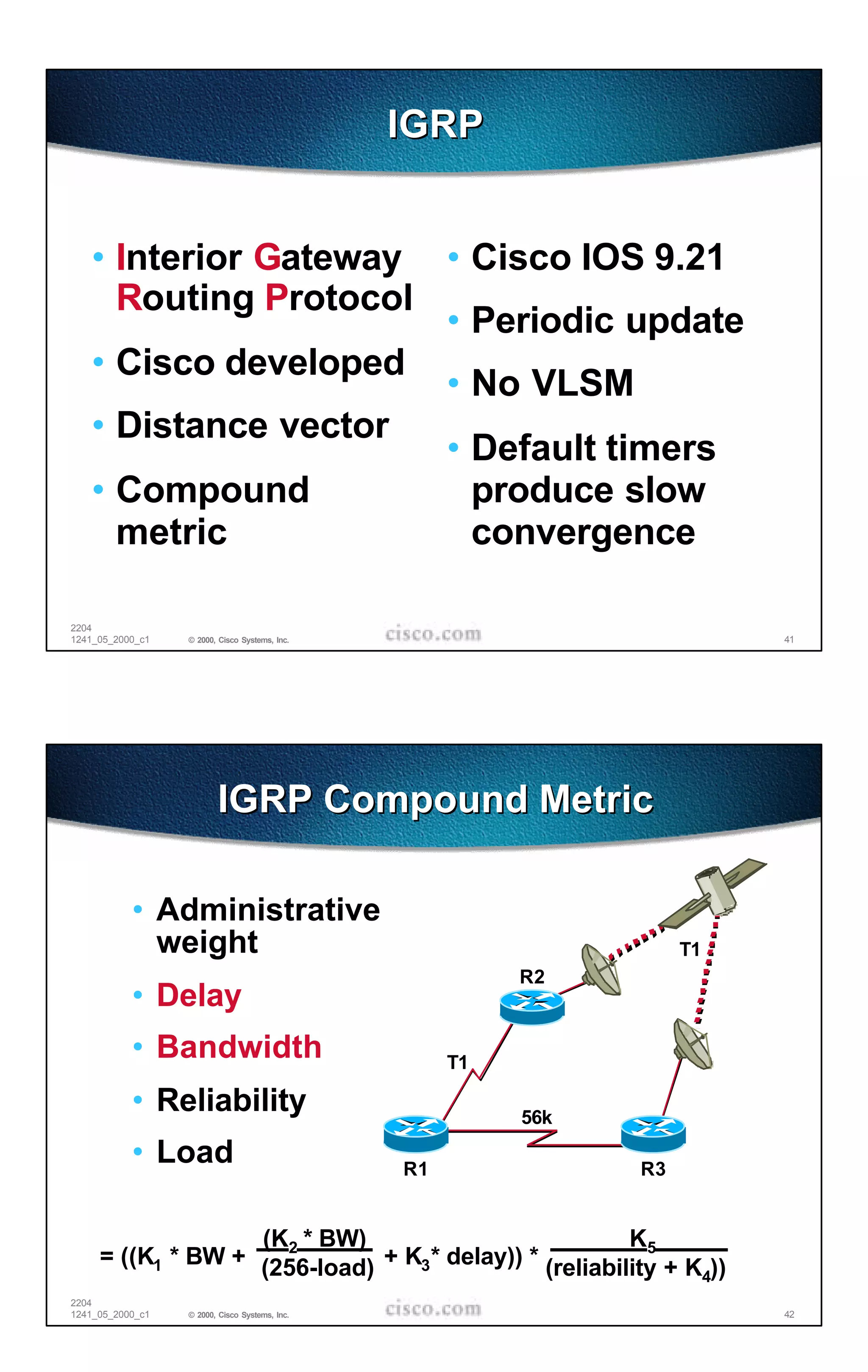 IGRP


   • Interior Gateway •                                   Cisco IOS 9.21
     Routing Protocol
                      •                                   Periodic update
   • Cisco developed
                      •                                   No VLSM
   • Distance vector
                      •                                   Default timers
   • Compound                                             produce slow
     metric                                               convergence

2204
1241_05_2000_c1   © 2000, Cisco Systems, Inc.                                 41




                         IGRP Compound Metric

           • Administrative
             weight                                                      T1
                                                            R2
           • Delay
           • Bandwidth                               T1

           • Reliability                                    56k

           • Load                               R1                  R3


                   (K2 * BW)                           K5
     = ((K1 * BW + (256-load) + K3* delay)) * (reliability + K ))
                                                              4
2204
1241_05_2000_c1   © 2000, Cisco Systems, Inc.                                 42
 