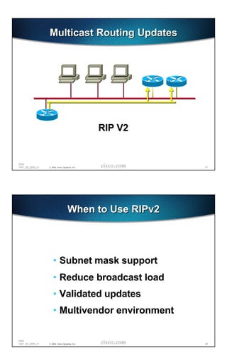 Multicast Routing Updates




                                                RIP V2


2204
1241_05_2000_c1   © 2000, Cisco Systems, Inc.            37




                                    When to Use RIPv2




                     • Subnet mask support
                     • Reduce broadcast load
                     • Validated updates
                     • Multivendor environment

2204
1241_05_2000_c1   © 2000, Cisco Systems, Inc.            38
 