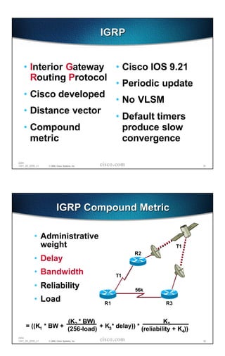 IGRP


   • Interior Gateway •                                   Cisco IOS 9.21
     Routing Protocol
                      •                                   Periodic update
   • Cisco developed
                      •                                   No VLSM
   • Distance vector
                      •                                   Default timers
   • Compound                                             produce slow
     metric                                               convergence

2204
1241_05_2000_c1   © 2000, Cisco Systems, Inc.                                 41




                         IGRP Compound Metric

           • Administrative
             weight                                                      T1
                                                            R2
           • Delay
           • Bandwidth                               T1

           • Reliability                                    56k

           • Load                               R1                  R3


                   (K2 * BW)                           K5
     = ((K1 * BW + (256-load) + K3* delay)) * (reliability + K ))
                                                              4
2204
1241_05_2000_c1   © 2000, Cisco Systems, Inc.                                 42
 