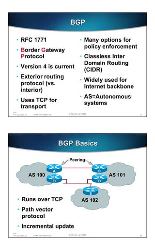 BGP

   • RFC 1771                                              • Many options for
                                                             policy enforcement
   • Border Gateway
     Protocol             • Classless Inter
                            Domain Routing
   • Version 4 is current
                            (CIDR)
   • Exterior routing
                          • Widely used for
     protocol (vs.
                            Internet backbone
     interior)
                          • AS=Autonomous
   • Uses TCP for           systems
     transport
2204
1241_05_2000_c1    © 2000, Cisco Systems, Inc.                                    57




                                                     BGP Basics

                                                       Peering

                                                 A                   C
                  AS 100                                                 AS 101
                                                 B                   D


                                                                 E
    • Runs over TCP                                         AS 102
    • Path vector
      protocol
    • Incremental update
2204
1241_05_2000_c1    © 2000, Cisco Systems, Inc.                                    58
 