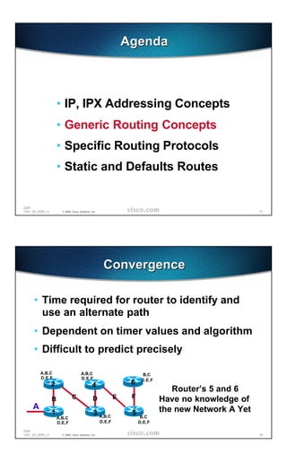 Agenda



                      • IP, IPX Addressing Concepts
                      • Generic Routing Concepts
                      • Specific Routing Protocols
                      • Static and Defaults Routes


2204
1241_05_2000_c1         © 2000, Cisco Systems, Inc.                                                     17




                                                       Convergence

      • Time required for router to identify and
        use an alternate path
      • Dependent on timer values and algorithm
      • Difficult to predict precisely

         A,B,C                         A,B,C                            B,C
         D,E,F                         D,E,F                            D,E,F
                  2                             4                  6
                                                                                   Router’s 5 and 6
                               C                              E    F
                  B                             D                               Have no knowledge of
     A                                                                          the new Network A Yet
                  1                              3 A,B,C           5
                      A,B,C                                            B,C
                      D,E,F                           D,E,F            D,E,F

2204
1241_05_2000_c1         © 2000, Cisco Systems, Inc.                                                     18
 