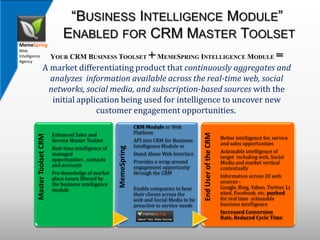 “Business Intelligence Module” Enabled for CRM Master Toolset Your CRM Business Toolset + MemeSpring Intelligence Module = A market differentiating product that continuously aggregates and analyzes  information available across the real-time web, social networks, social media, and subscription-based sources with the initial application being used for intelligence to uncover new customer engagement opportunities.  