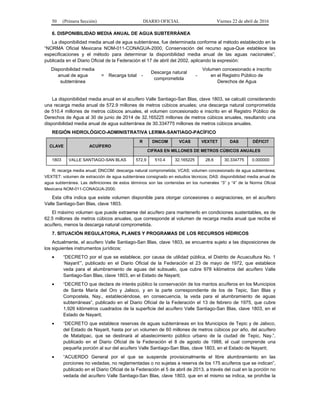 50 (Primera Sección) DIARIO OFICIAL Viernes 22 de abril de 2016
6. DISPONIBILIDAD MEDIA ANUAL DE AGUA SUBTERRÁNEA
La disponibilidad media anual de agua subterránea, fue determinada conforme al método establecido en la
“NORMA Oficial Mexicana NOM-011-CONAGUA-2000, Conservación del recurso agua-Que establece las
especificaciones y el método para determinar la disponibilidad media anual de las aguas nacionales”,
publicada en el Diario Oficial de la Federación el 17 de abril del 2002, aplicando la expresión:
Disponibilidad media
anual de agua
subterránea
= Recarga total -
Descarga natural
comprometida
-
Volumen concesionado e inscrito
en el Registro Público de
Derechos de Agua
La disponibilidad media anual en el acuífero Valle Santiago-San Blas, clave 1803, se calculó considerando
una recarga media anual de 572.9 millones de metros cúbicos anuales; una descarga natural comprometida
de 510.4 millones de metros cúbicos anuales, el volumen concesionado e inscrito en el Registro Público de
Derechos de Agua al 30 de junio de 2014 de 32.165225 millones de metros cúbicos anuales, resultando una
disponibilidad media anual de agua subterránea de 30.334775 millones de metros cúbicos anuales.
REGIÓN HIDROLÓGICO-ADMINISTRATIVA LERMA-SANTIAGO-PACÍFICO
CLAVE ACUÍFERO
R DNCOM VCAS VEXTET DAS DÉFICIT
CIFRAS EN MILLONES DE METROS CÚBICOS ANUALES
1803 VALLE SANTIAGO-SAN BLAS 572.9 510.4 32.165225 28.6 30.334775 0.000000
R: recarga media anual; DNCOM: descarga natural comprometida; VCAS: volumen concesionado de agua subterránea;
VEXTET: volumen de extracción de agua subterránea consignado en estudios técnicos; DAS: disponibilidad media anual de
agua subterránea. Las definiciones de estos términos son las contenidas en los numerales “3” y “4” de la Norma Oficial
Mexicana NOM-011-CONAGUA-2000.
Esta cifra indica que existe volumen disponible para otorgar concesiones o asignaciones, en el acuífero
Valle Santiago-San Blas, clave 1803.
El máximo volumen que puede extraerse del acuífero para mantenerlo en condiciones sustentables, es de
62.5 millones de metros cúbicos anuales, que corresponde al volumen de recarga media anual que recibe el
acuífero, menos la descarga natural comprometida.
7. SITUACIÓN REGULATORIA, PLANES Y PROGRAMAS DE LOS RECURSOS HÍDRICOS
Actualmente, el acuífero Valle Santiago-San Blas, clave 1803, se encuentra sujeto a las disposiciones de
los siguientes instrumentos jurídicos:
• “DECRETO por el que se establece, por causa de utilidad pública, el Distrito de Acuacultura No. 1
‘Nayarit’”, publicado en el Diario Oficial de la Federación el 23 de mayo de 1972, que establece
veda para el alumbramiento de aguas del subsuelo, que cubre 978 kilómetros del acuífero Valle
Santiago-San Blas, clave 1803, en el Estado de Nayarit;
• “DECRETO que declara de interés público la conservación de los mantos acuíferos en los Municipios
de Santa María del Oro y Jalisco, y en la parte correspondiente de los de Tepic, San Blas y
Compostela, Nay., estableciéndose, en consecuencia, la veda para el alumbramiento de aguas
subterráneas”, publicado en el Diario Oficial de la Federación el 13 de febrero de 1975, que cubre
1,926 kilómetros cuadrados de la superficie del acuífero Valle Santiago-San Blas, clave 1803, en el
Estado de Nayarit;
• “DECRETO que establece reservas de aguas subterráneas en los Municipios de Tepic y de Jalixco,
del Estado de Nayarit, hasta por un volumen de 60 millones de metros cúbicos por año, del acuífero
de Matatipac, que se destinará al abastecimiento público urbano de la ciudad de Tepic, Nay.”,
publicado en el Diario Oficial de la Federación el 8 de agosto de 1988, el cual comprende una
pequeña porción al sur del acuífero Valle Santiago-San Blas, clave 1803, en el Estado de Nayarit;
• “ACUERDO General por el que se suspende provisionalmente el libre alumbramiento en las
porciones no vedadas, no reglamentadas o no sujetas a reserva de los 175 acuíferos que se indican”,
publicado en el Diario Oficial de la Federación el 5 de abril de 2013, a través del cual en la porción no
vedada del acuífero Valle Santiago-San Blas, clave 1803, que en el mismo se indica, se prohíbe la
 